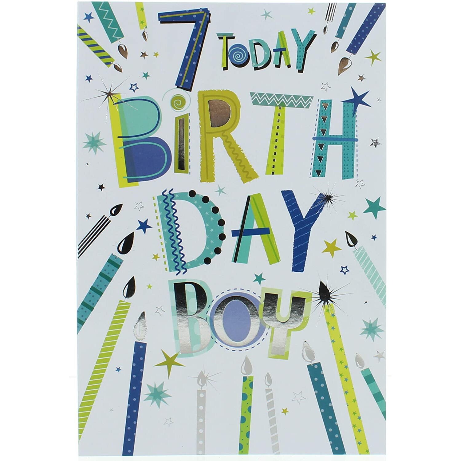Age 7 Boy Birthday Card - Blue & Green Candles & Writing Silver Foil 7.75"x5.25"